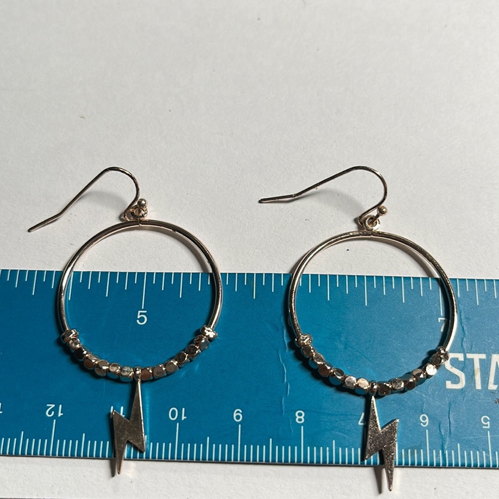 Gold Drop Hoop Earrings w/ Lightening Bolt - Picture 4 of 4